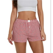 Lyacmy Women's Pajama Shorts Elastic Low Waist Plaid Boxer Shorts for Women, Y2K Red Gingham Lounge Shorts Women